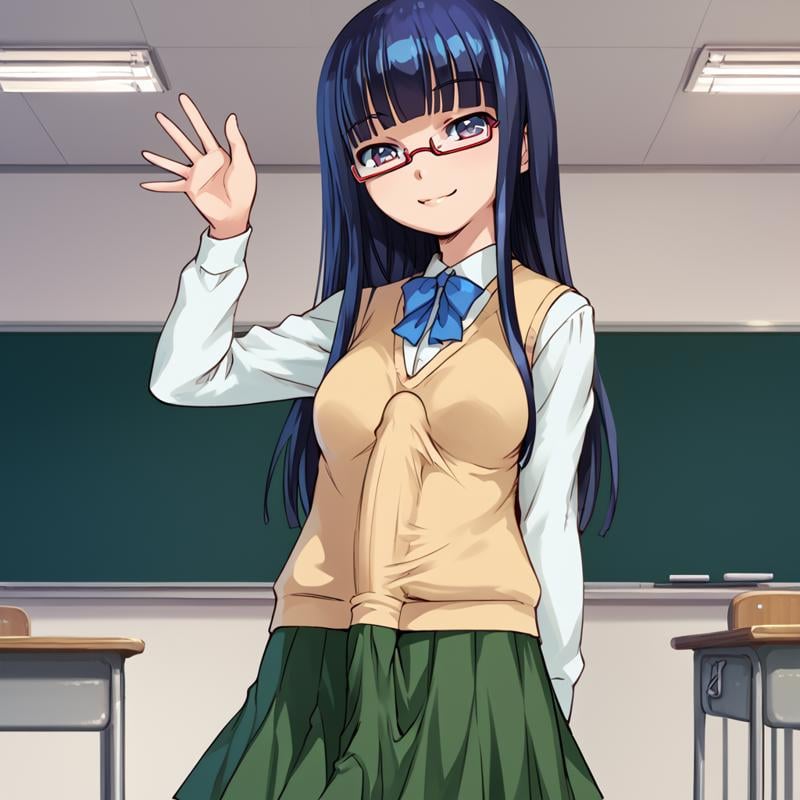 score_9, score_8, score_7, masterpiece, BREAK,sumika_oohashi, solo, glasses, sweatervest, white shirt, green skirt, blue bow tie, futa, futanari, ereciton under sweatervest,  erection under clothes classroom, standing,  waving,  <lora:Sumika_oohashi_low_DIM:1>