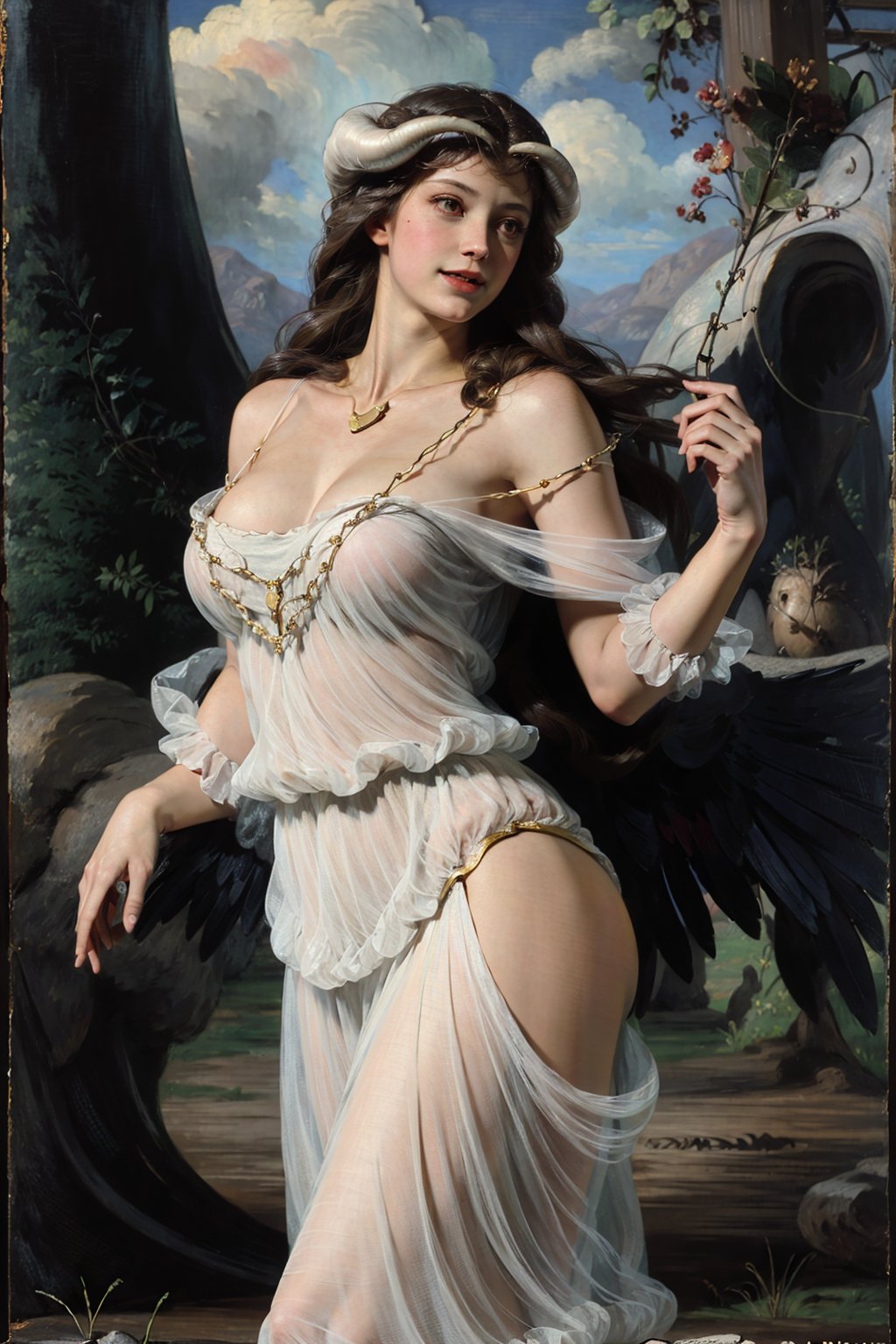 (renaissance:1.3),masterpiece, best quality, highres, al1, demon horns, slit pupils, white gloves, white dress, bare shoulders, detached collar, cleavage, black wings, feathered wings, low wings, <lora:albedo_(overlord)_v10:0.7>, cowboy shot, standing, smile, dungeon, evil smile,<lora:文艺复兴:1>