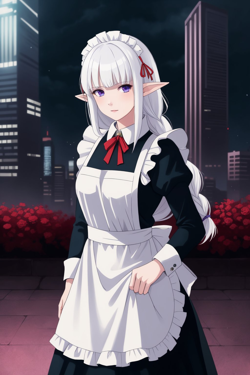 realistic,Nephelia,1girl,pointy ears,blue eyes,very long hair,white hair,elf,apron,maid,collar,braid,dress,long sleeves,frills,blunt bangs,hair ribbon,<lora:lbc_Nephelia_v1.0:0.8>,mechanical prosthesis,mecha coverage,emerging dark purple across with white hair,fluorescent purple,cool movement,rose red eyes,beatiful detailed cyberpunk city, hd semirealistic anime cg concept art digital painting,