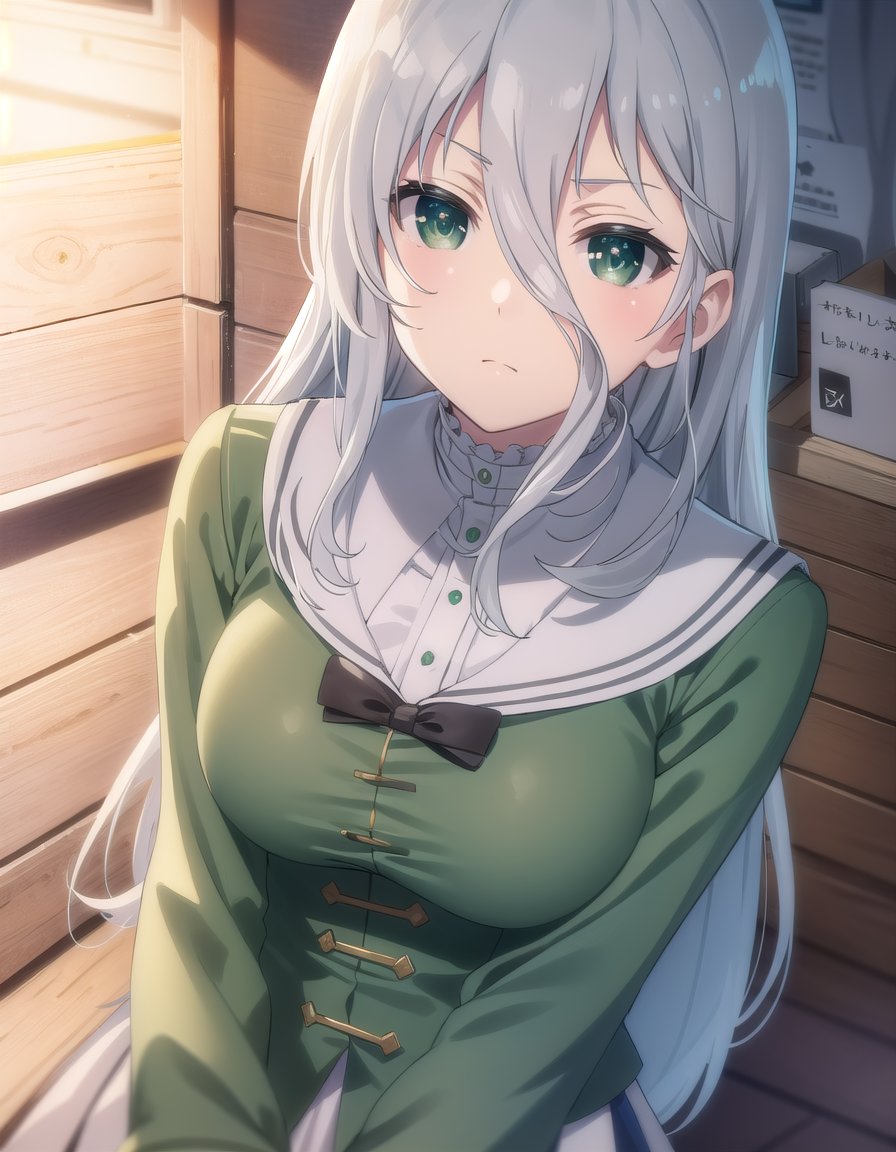 gekkosenko, <lora:sk gekko senko s1-lora-nochekaiser:1>,senko, long hair, hair between eyes, (green eyes:1.3), grey hair,BREAK bow, school uniform, serafuku, long sleeves, puffy sleeves, grey serafuku,BREAK indoors, classroom,BREAK looking at viewer, (cowboy shot:1.5),BREAK <lyco:GoodHands-beta2:1>, (masterpiece:1.2), best quality, high resolution, unity 8k wallpaper, (illustration:0.8), (beautiful detailed eyes:1.6), extremely detailed face, perfect lighting, extremely detailed CG, (perfect hands, perfect anatomy),