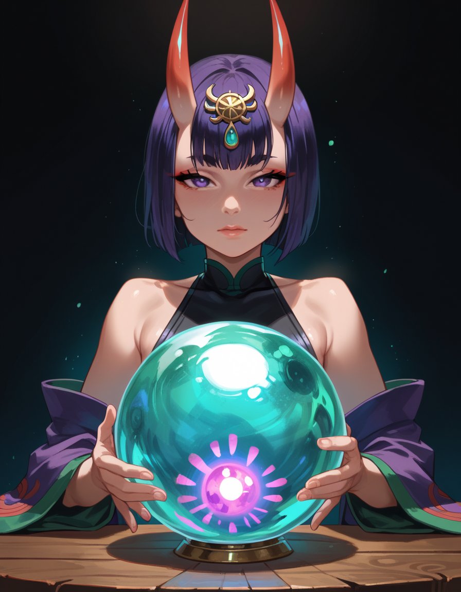 score_9, score_8_up, score_7_up, score_6_up, score_5_up, score_4_up, 1girl, shuten_douji_\(first_ascension\)_\(fate\), hud_cryst4l_b4ll, glowing, crystal ball, orb, upper body, table, <lora:hud_cryst4l_b4ll_XLP:0.6>