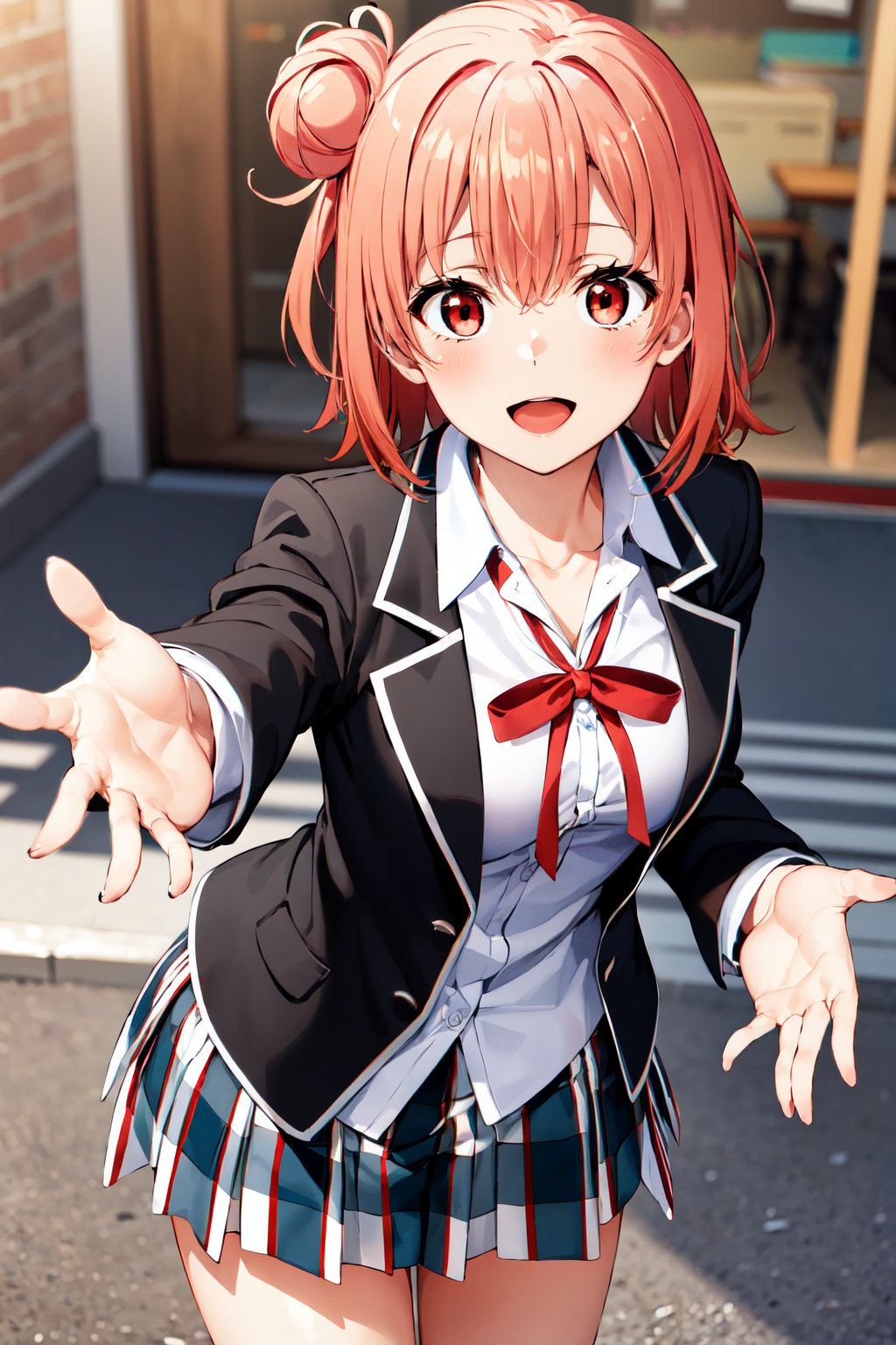 masterpiece, best quality, highres, aayui, short hair, single hair bun, red eyes, breasts, collarbone, neck ribbon, white shirt, dress shirt, blazer, black jacket, open jacket, long sleeves, plaid skirt, <lora:yuigahama_yui_v1:0.7>, reaching out, smile, open mouth, happy