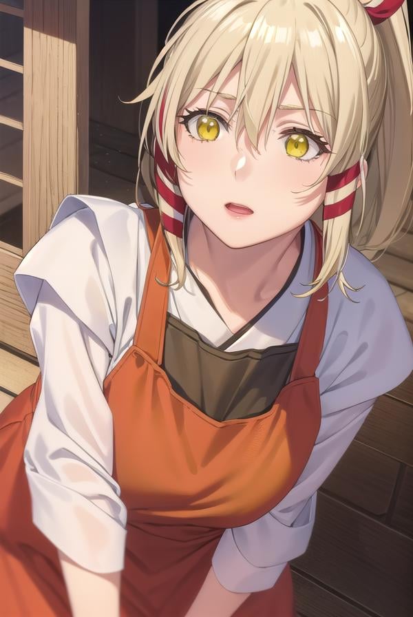 ukanomitamanokami, <lora:uka no mitama no kami s1-lora-nochekaiser:1>,uka no mitama no kami, long hair, blonde hair, hair ribbon, (yellow eyes:1.5), ponytail, tress ribbon,BREAK japanese clothes, miko, apron, (red apron:1.5),BREAK outdoors, shrine,BREAK looking at viewer, (cowboy shot:1.5),BREAK <lyco:GoodHands-beta2:1>, (masterpiece:1.2), best quality, high resolution, unity 8k wallpaper, (illustration:0.8), (beautiful detailed eyes:1.6), extremely detailed face, perfect lighting, extremely detailed CG, (perfect hands, perfect anatomy),