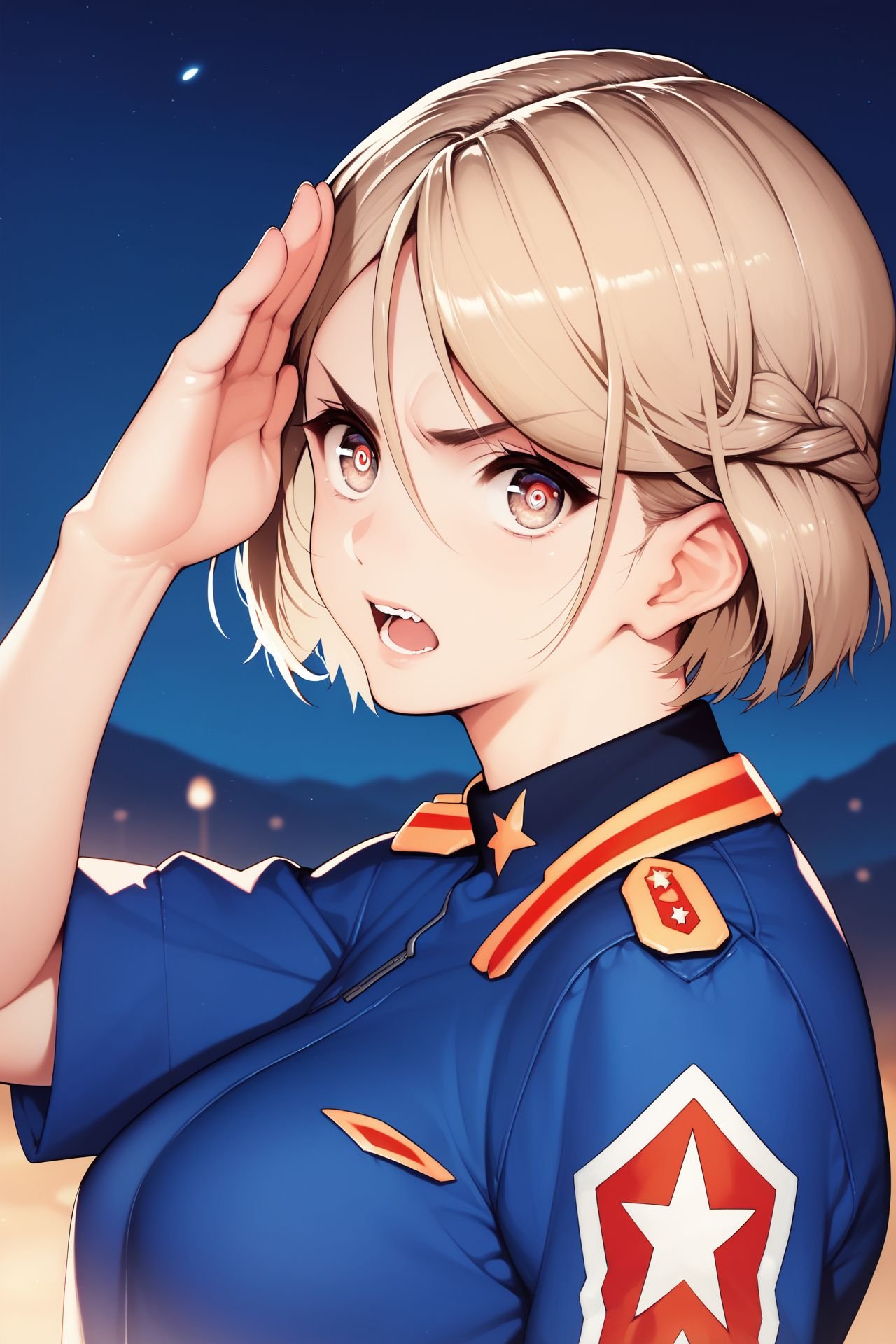 score_9, score_8_up, score_7_up, 1girl, looking at viewer, vulcan salute, :D upper teeth disgusted eyes, light brown hair, micro bangs, french braid, detailed eyes, breasts, blue clothes, night, outdoors, from side <lora:necomi_PonyXL_style_v02:1>