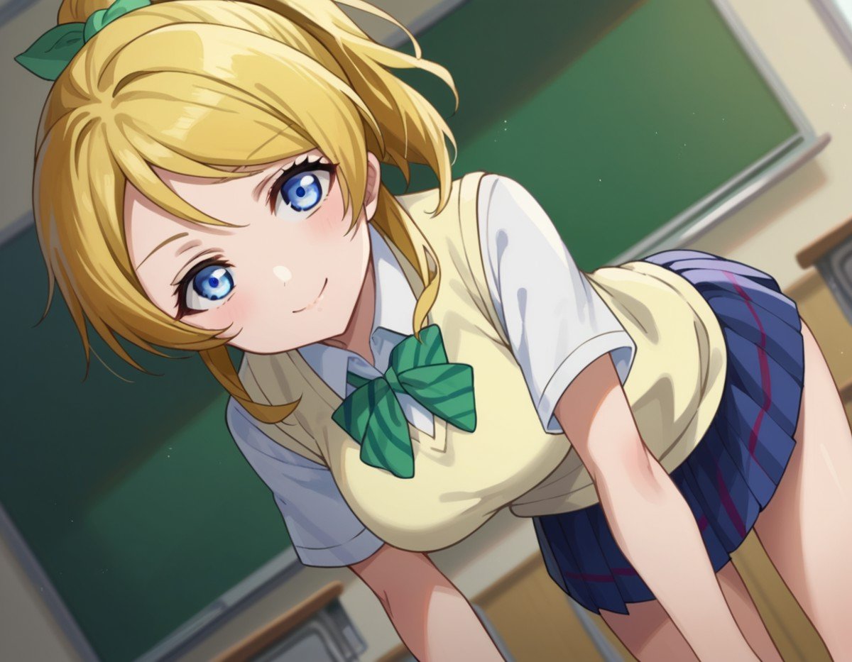 score_9, score_8_up, score_7_up, source_anime,eliayase, <lora:eli-ayase-s1-ponyxl-lora-nochekaiser:1>,eli ayase, yellow hair, blue eyes, ponytail, hair ribbon,otonokizaka school uniform, pleated skirt, school uniform, short sleeves, skirt, summer uniform, sweater vest, yellow sweater vest,indoors, classroom, smile, bent over,looking at viewer, cowboy shot, dutch angle,