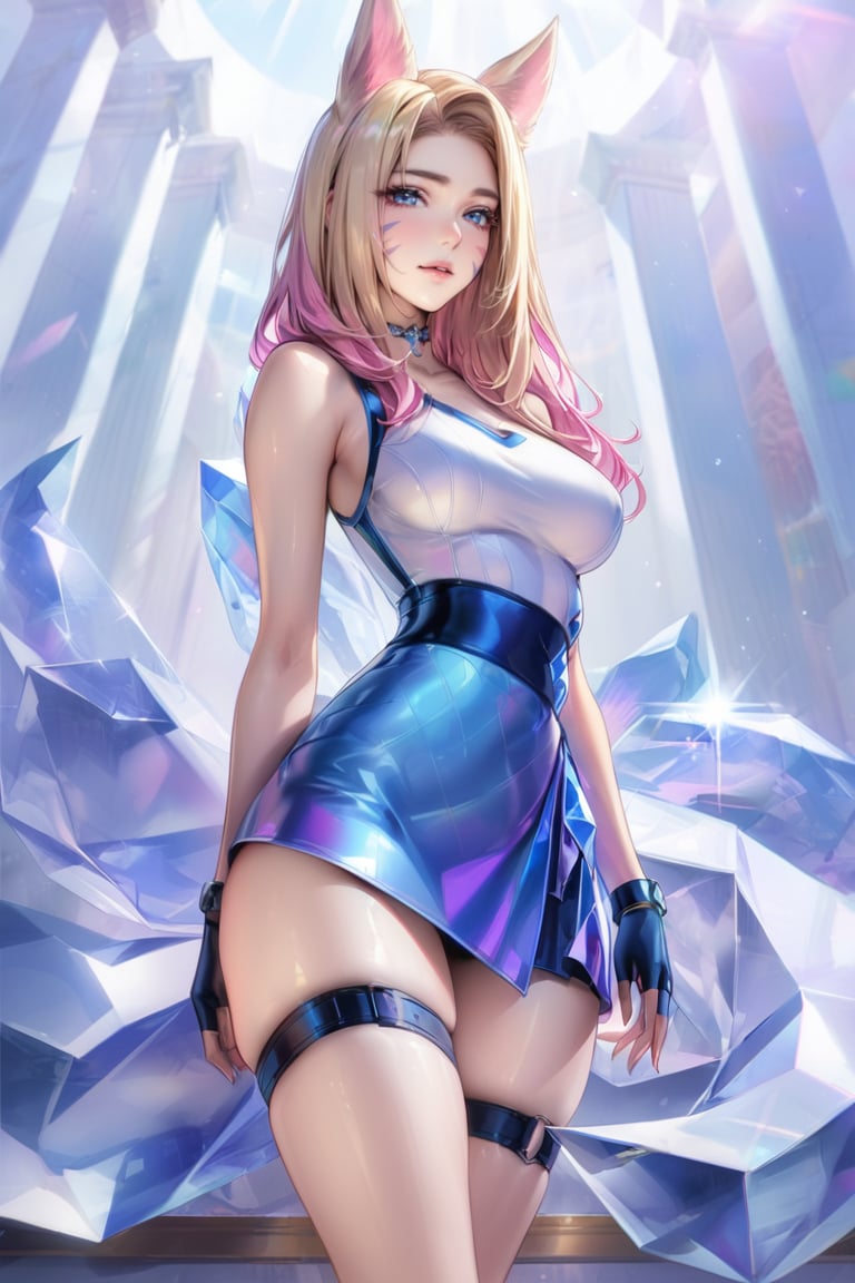 (Masterpiece), mature, HDR,UHD,8K, best quality, Highly detailed, physically-based rendering, extreme detail description, perfect skin, shiny skin, shiny hair,perfect face, 1girl, AllOut, ((asymmetrical_clothing)), blonde hair, blue eyes, pink hair, long sleeve, glove, fingerless glove, thighstrap, multicolored hair, mini skirt, thighs, facial mark, animal ears, tail, crytal, choker,Ahri, blue skirt, white top, K/DA Ahri, bare_shoulder, bare arm, ,LeagueOfLegendsAhri<lora:EMS-388761-EMS:0.100000>, <lora:EMS-408948-EMS:0.800000>, <lora:EMS-335737-EMS:0.600000>