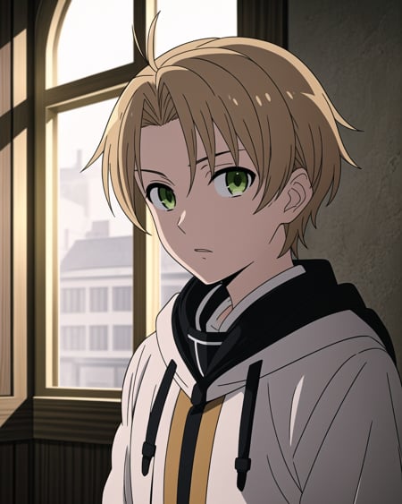 mushoku tensei style, 1boy, male focus, solo, green eyes, window, ahoge, blonde hair, indoors, looking at viewer, hood, upper body, brown hair, hood down, ((masterpiece)) <lora:mushoku_tensei_style_offset:1> 