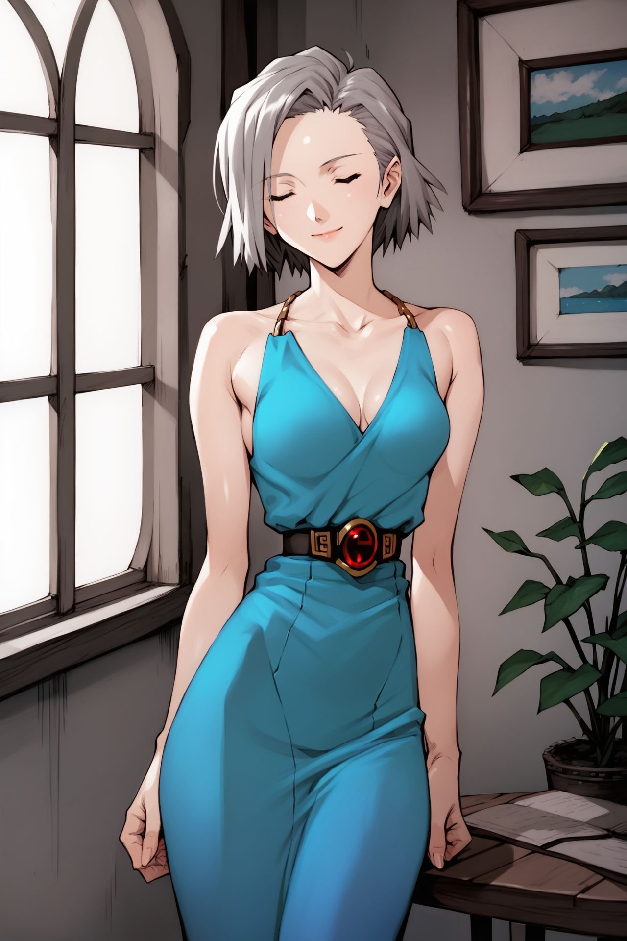 score_9, score_8_up, score_7_up, 1girl, closed eyes smile, light_grey hair, side-swept_bangs, widow's_peak, aqua eyes, medium breasts, half-dress, arms_behind_head, dining_room, sunbeam <lora:Sadamoto_Yoshiyuki_PonyXL_style_v01:1>