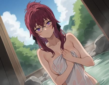 score_9, score_8_up, score_7_up, source_anime,lilyagreyrat, <lora:lilya-greyrat-s1-ponyxl-lora-nochekaiser:1>,lilya greyrat, purple eyes, red hair, glasses,nude, naked, outdoors, onsen, towel, naked towel, steam, bathing, nude cover, partially submerged, water, bath, steam censor, wet towel,looking at viewer, dutch angle, cowboy shot,