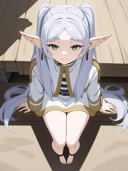 best quality,masterpiece,highres,absurdres,1girl,solo,newest,rating: general,  <lora:Frieren_XL-step00001000:0.6> ,(frieren, pointy ears, elf, earrings, twintails, parted bangs, grey hair, thick eyebrows),(full body:1.1),flower ornament, sitting,from above,smile,