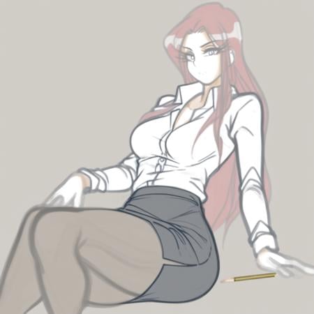 1girl, solo, long hair, looking at viewer, white collared shirt, pencil skirt, jago_sketch_style