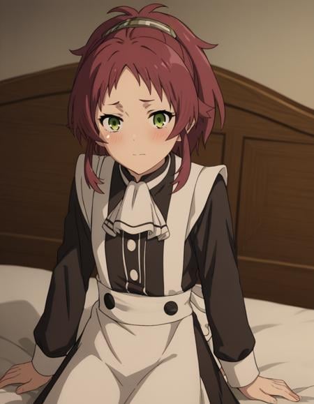 score_9, score_8_up, score_7_up, source_anime,aishagreyrat, <lora:aisha-greyrat-s2-ponyxl-lora-nochekaiser:1>,aisha greyrat, green eyes, ponytail, red hair,long sleeves, apron, maid, ascot, white apron, white ascot,indoors, bed, bed room, on side, blush, drunk,solo, dutch angle, looking at viewer, cowboy shot,