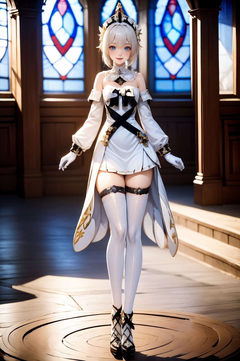 1girl, solo, thighhighs, stained glass, barbara \(genshin impact\), dress, white thighhighs, gloves, white dress, full body, looking at viewer, breasts, short hair, bare shoulders, blue eyes, detached sleeves, standing, book, zettai ryouiki, detached collar, blonde hair, church, smile, white gloves, strapless, white headwear, strapless dress, cleavage, indoors, alternate hair length, white hair, alternate hairstyle, open mouth, medium breasts, long sleeves, blurry, hat, blurry background, cross, hair ornament, thighs, window, shoes, black footwear, skindentation, white sleeves, nun, blush, high heels, latin cross