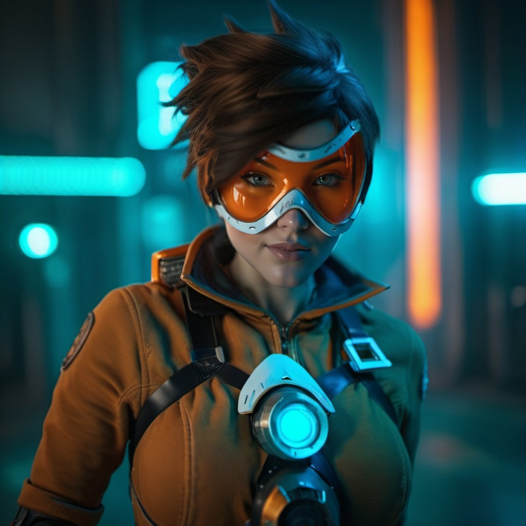 cinematic photo a woman with an orange glassmask in a futuristic cyberpunk background, neon lights <lora:Tracer1024:0.8> . 35mm photograph, film, bokeh, professional, 4k, highly detailed