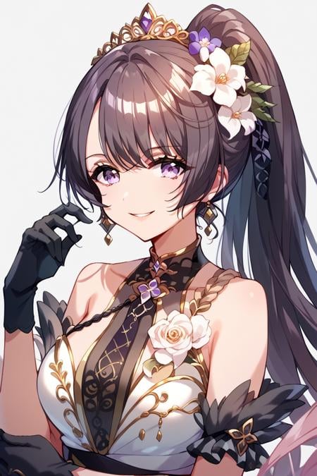 score_9, score_8_up, score_7_up, score_6_up, 1girl, <lora:Himegami_Shano:0.9> himegami, solo, gloves, hair ornament, long hair, flower, ponytail, hair flower, black gloves, looking at viewer, purple eyes, smile, tiara, bangs, wheda