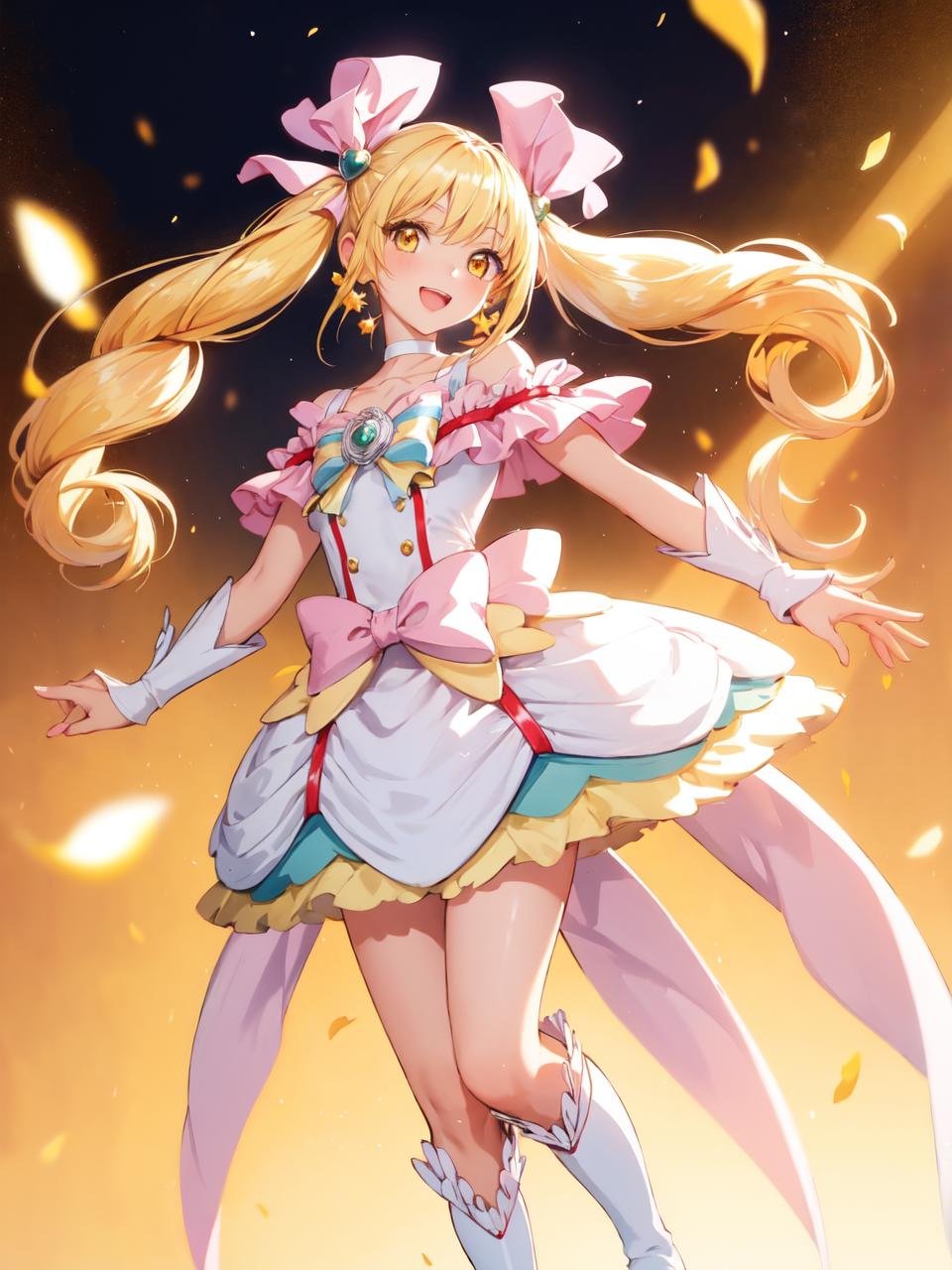 masterpiece, best quality, looking at viewer, depth of field, standing, full body, open mouth,1girl, <lora:locon_cure_echo_01:0.95>, cure echo, blonde hair, twintails, hair ribbon, knee boots, earrings, arm warmers, brooch, choker, yellow eyes, smile, ((gradient background)), lens flare,
