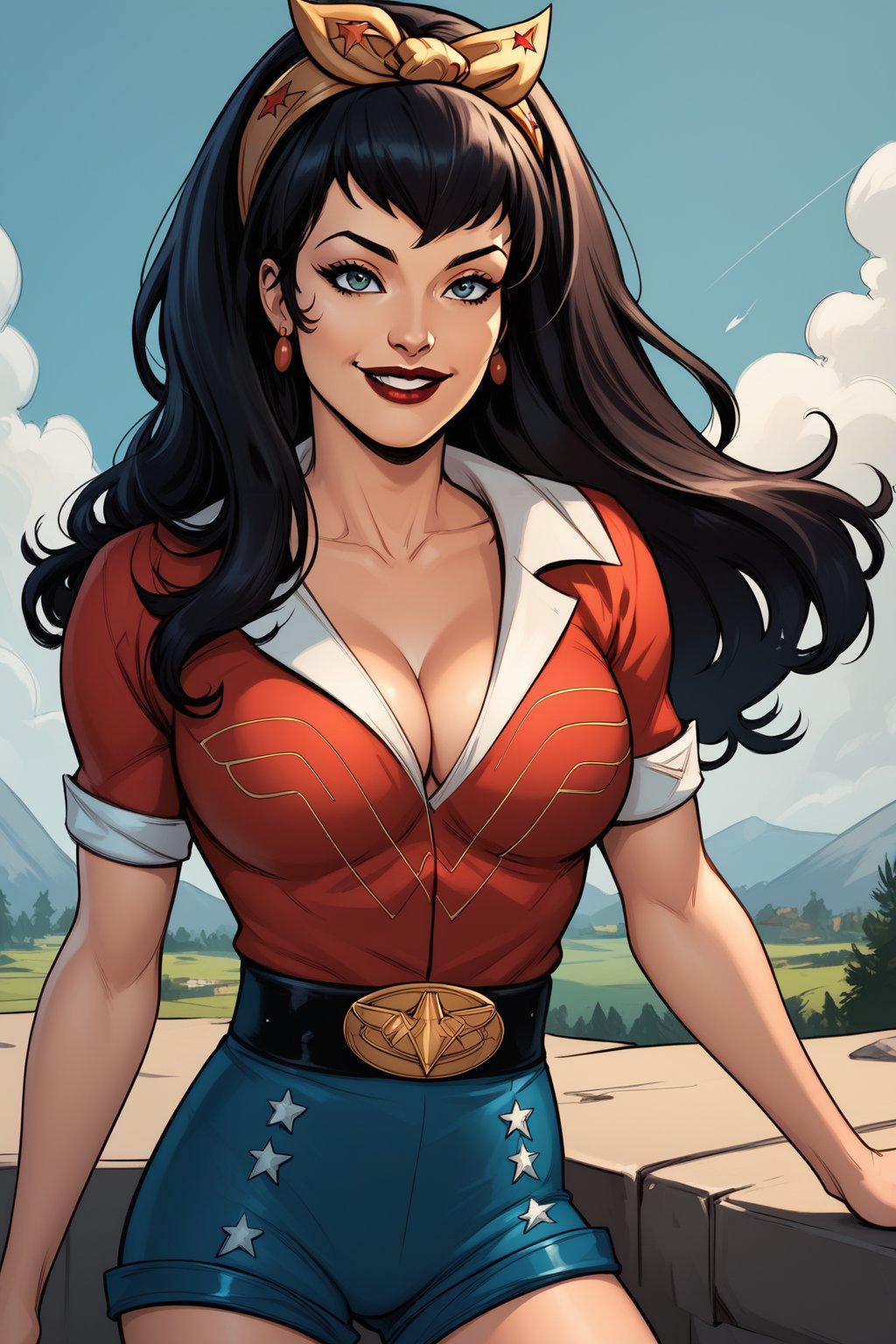 score_9, score_8_up, score_7_up, masterpiece, high quality, BREAK <lora:Bombshell Wonder WomanPonyLoRA:1>bmbshllwndrwmn, long hair, hairband, cleavage, blouse, earrings, belt, belt buckle, shorts, smile