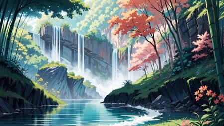 no humans, high quality, (red green pink blue colors), contrast, sharp focus, masterpiece, best quality, (waterfall, (water)), rocks, jungle, bamboo forest, mountain, (flowers), ocean side, cliff, painted by greg rutkowski makoto shinkai takashi takeuchi studio ghibli