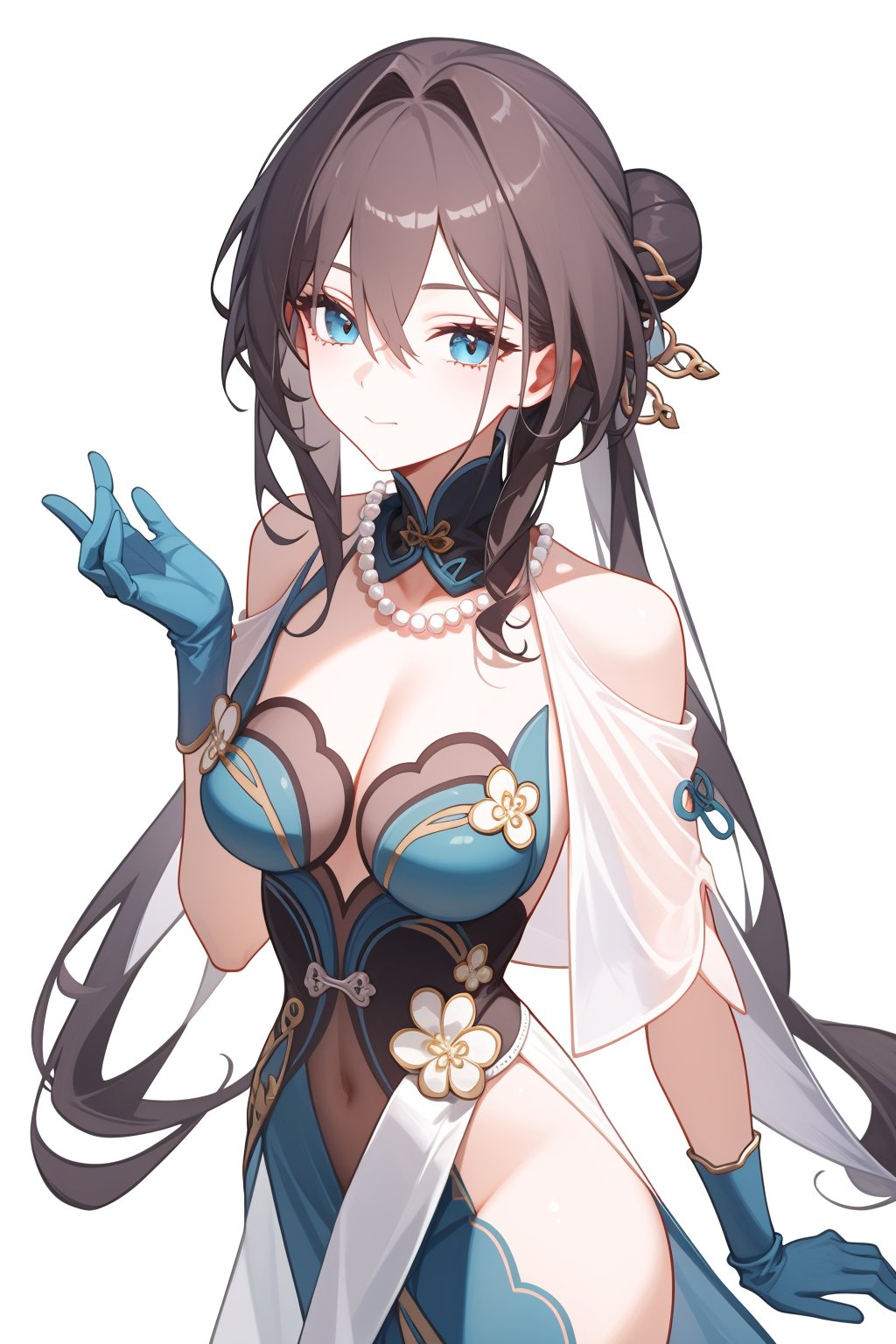 <lora:阮梅v3:1:lbw=char>,ruanmei,1girl,solo,blue dress,elbow gloves,chinese clothes,looking at viewer,cleavage,bare shoulders,flower,necklace,(masterpiece,best quality,high quality:1.2),absurdres,<lora:nai画风-000035:0.75:lbw=OUTALL>,