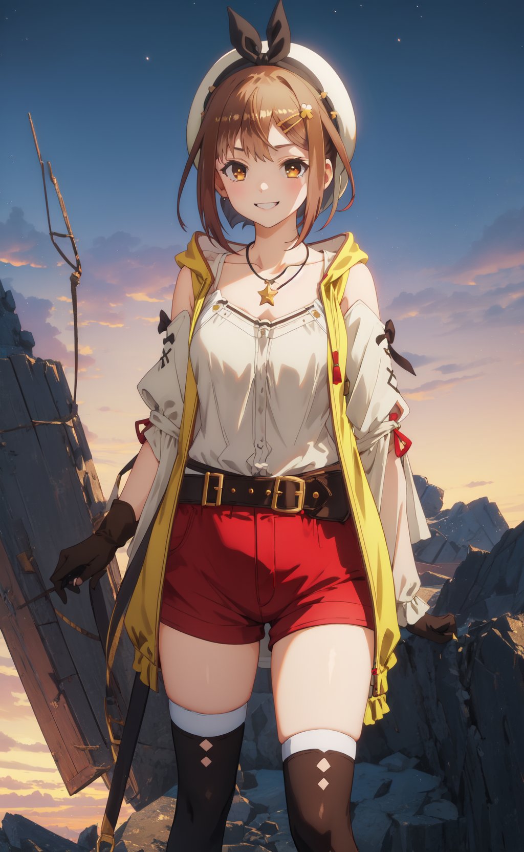 <lora:Ryza-000002:0.8>,Ryza CYQL,1girl,looking at viewer,solo,brown hair,short hair,hair ornament,hairclip,white headwear,hat,brown eyes,jewelry,necklace,star necklace,yellow jacket,breasts,smile,gloves,collarbone,jacket,shorts,red shorts,belt,short shorts,sleeveless jacket,single glove,shirt,thighhighs,cleavage,thighs,white shirt,beret,detached sleeves,boots,full body,(laughing:1.3),(cowboy_shot:1.2),(from_below:1.1),Rocky beach, Campfire, Midnight, Firelight, Waves crashing, Serenity,beautiful detailed sky,beautiful detailed glow,posing in front of a colorful and dynamic background,masterpiece,best quality,beautiful and aesthetic,contrapposto,female focus,wallpaper,