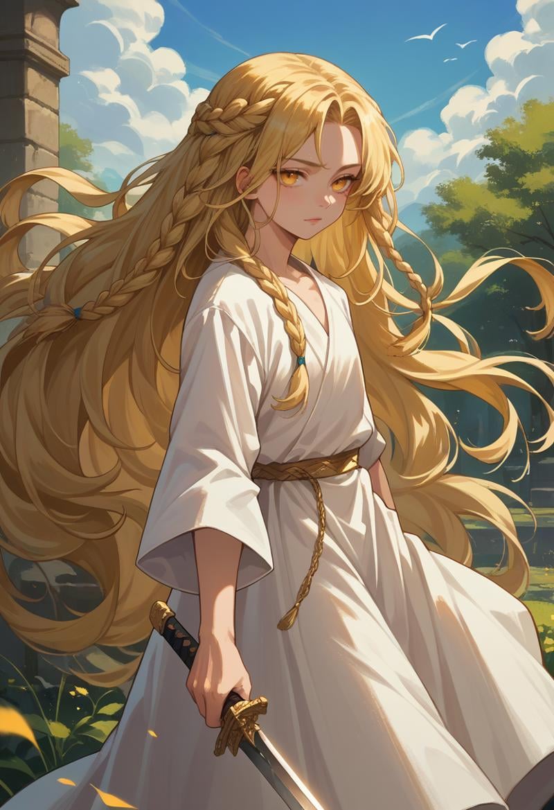 score_9, score_8_up, score_7_up, source_anime, <lora:wrenchEldenRingSoteMiquella:1>, ersotemiquella, blonde hair, 1boy, braid, long hair, yellow eyes, white robe, holding sword, 