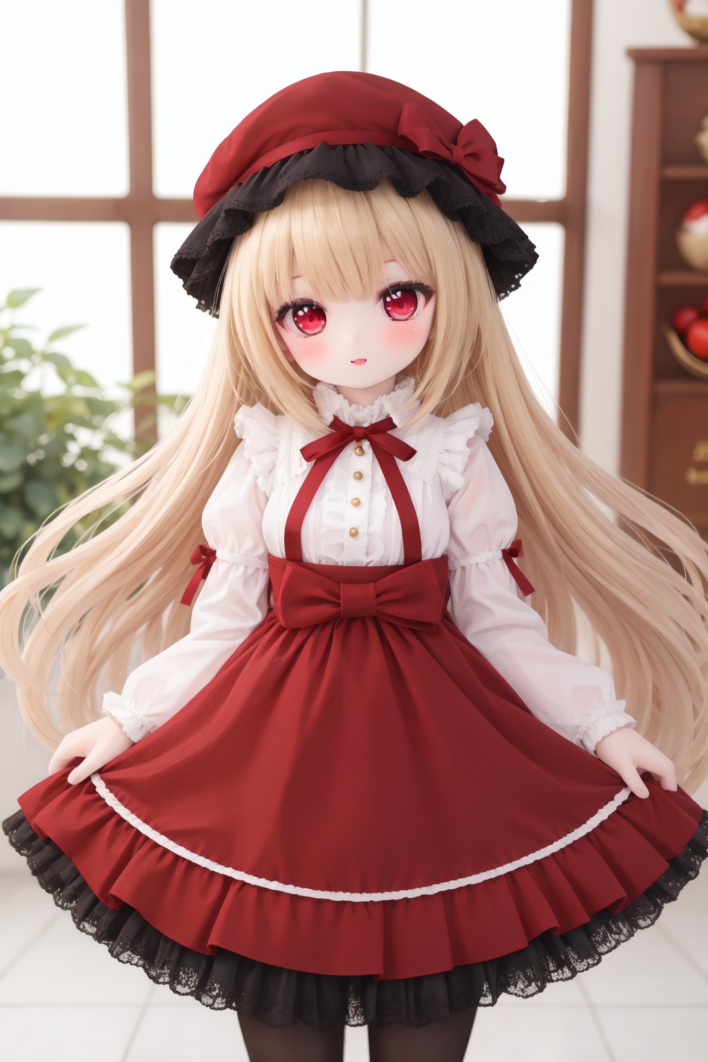 (cowboy shot,very long hair,4349:1),12209345t,12209345t,12209345t,1girl,solo,dress,long hair,blonde hair,red eyes,red theme,fruit,too many,frills,food,bow,hat,pantyhose,looking at viewer,reflection,reflection,reflection,<lora:doll-v1:0.5>,