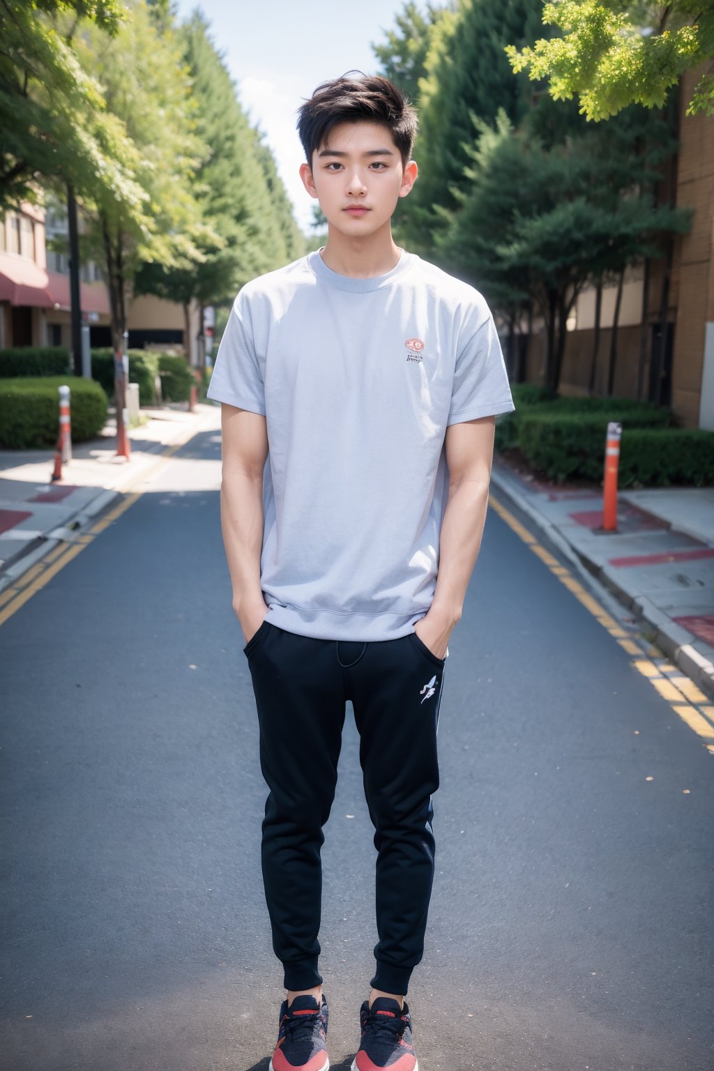 1boy, male focus, realistic, looking at viewer, outdoors, short sleeve sweatshirt pants, road, standing, tree, shoes, full body, solo focus, short hair, day, photorealistic, street,