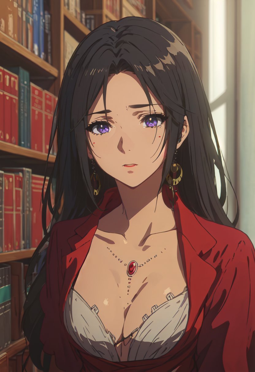 best quality, masterpiece, highres, solo, (cattleya_baudelaire_violetevergarden:1.10), 1girl, necklace, collarbone, red jacket, looking at viewer, cleavage, anime coloring, bookshelf, upper body, anime_style, 3 <lora:cattleya_baudelaire_violetevergarden:0.80>