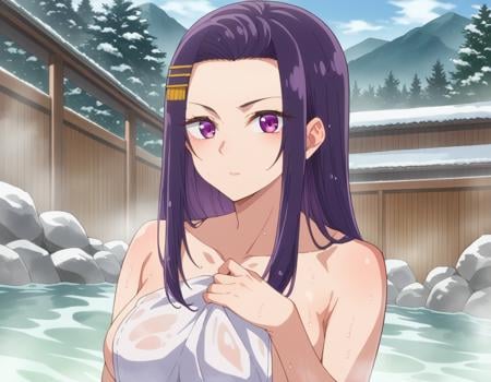 score_9, score_8_up, score_7_up, source_anime,sayuriakino, <lora:sayuri-akino-ponyxl-lora-nochekaiser:1>sayuri akino, long hair, hair ornament, hairclip, purple hair, purple eyes, forehead,nude, naked, outdoors, onsen, towel, naked towel, steam, bathing, nude cover, partially submerged, water, bath, steam censor, wet towel,looking at viewer, cowboy shot, dutch angle,