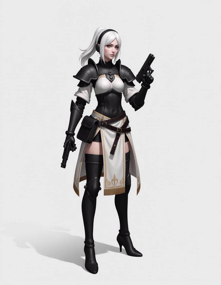 <lora:Neofantasy:1>creativefantasy,3d,photorealistic,  1girl, weapon, armor, gun, shoulder armor, white hair, holding weapon, holding, pauldrons, holding gun, solo, belt, standing, pouch