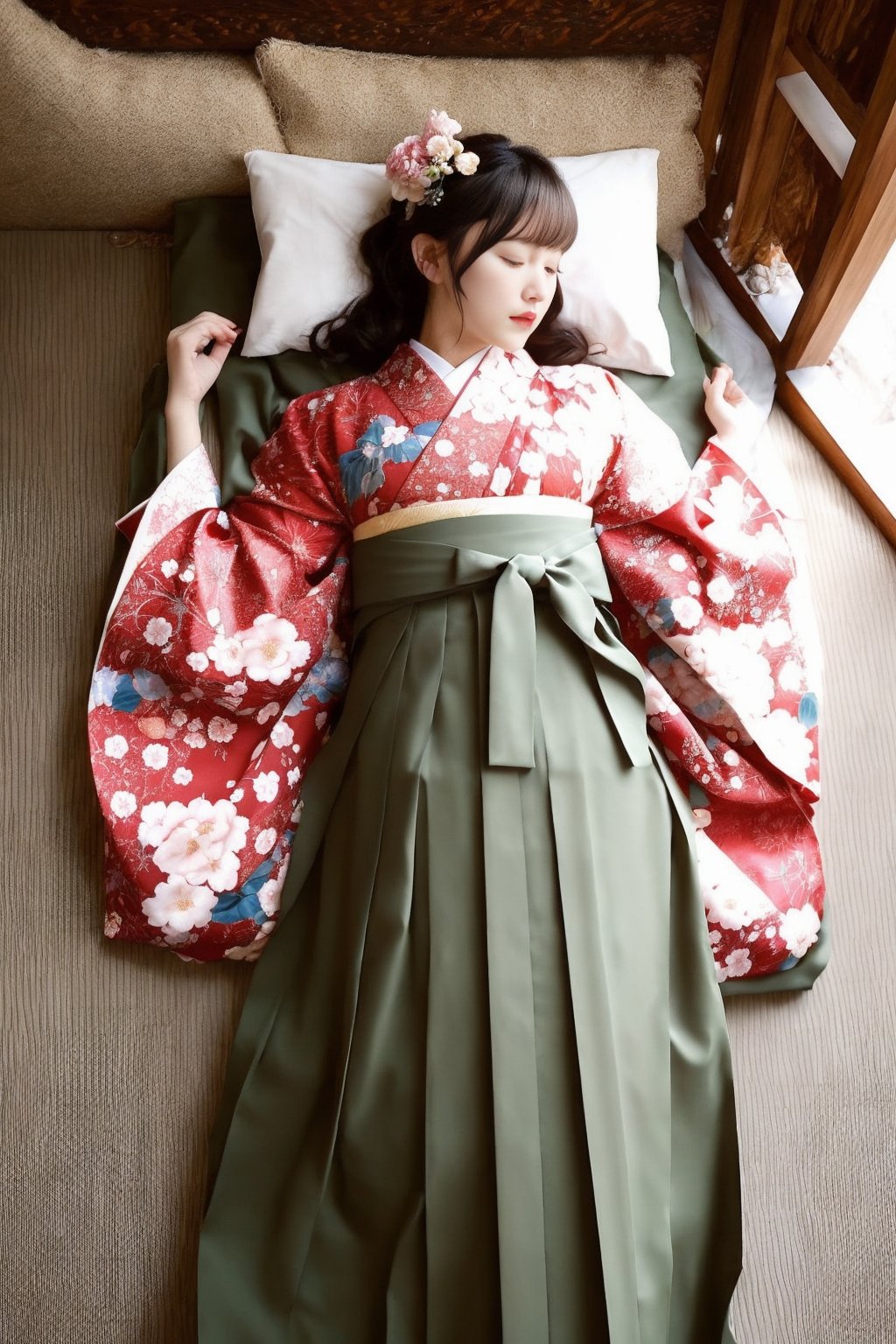 hakama skirt, 1girl, solo, full body, lying, sleeping, indoor, cute japanese model girl, kimono, floral print, hair ornament, hakama, bangs, masterpiece, best quality, realistic