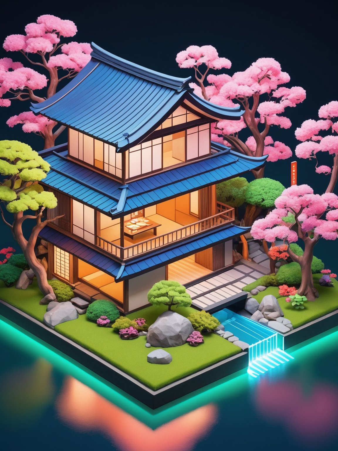 isometric view of a cutout of a cute japanese house with neons, straight lines, perfect angles, river and garden