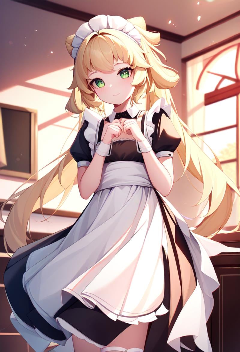 cute anime style, masterpiece, best quality, 1girl, V3r1n4, verina \(wuthering waves\), blonde hair, green eyes, <lora:Verina_v1:1> maid, maid headdress, indoors, standing, looking at viewer