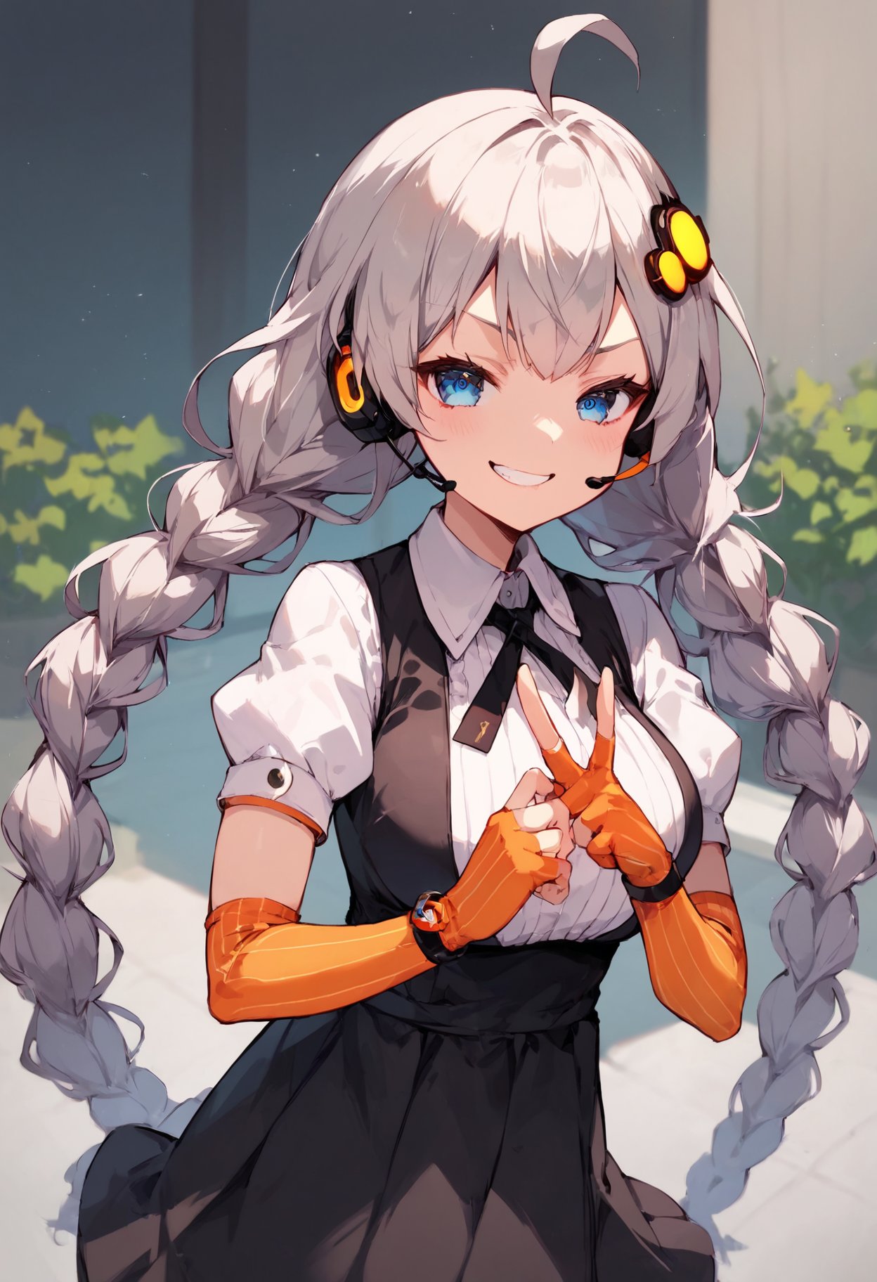 score_9, score_8_up, score_7_up,  <lora:KizunaAkari_MMD_Pony_V1:0.95>blue eyes, grey hair,  ahoge, twin braids, braid, very long hair, hair ornament, hair tubes, headphones, headset, black dress,  lace-trimmed dress, short sleeves, puffy sleeves, orange gloves, striped gloves, elbow gloves, fingerless gloves, bracelet, orange pantyhose, striped pantyhose, star print, star (symbol), vertical stripes, from above,, looking down,, cowboy shot,,A cafeteria, delicious food, Holding food ,smile,upper body,huge brests,smug, smirk, blush,peace sign, 