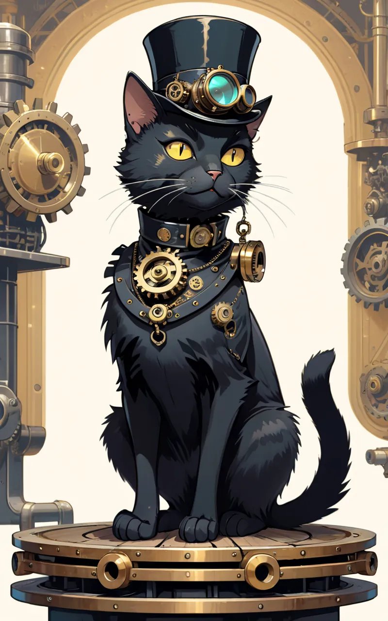 Illustration of a black cat with steam punk accessories, wearing a top hat with gears and goggles, a retro-futuristic collar, and a mechanical tail, standing on a vintage-looking platform with brass details. 