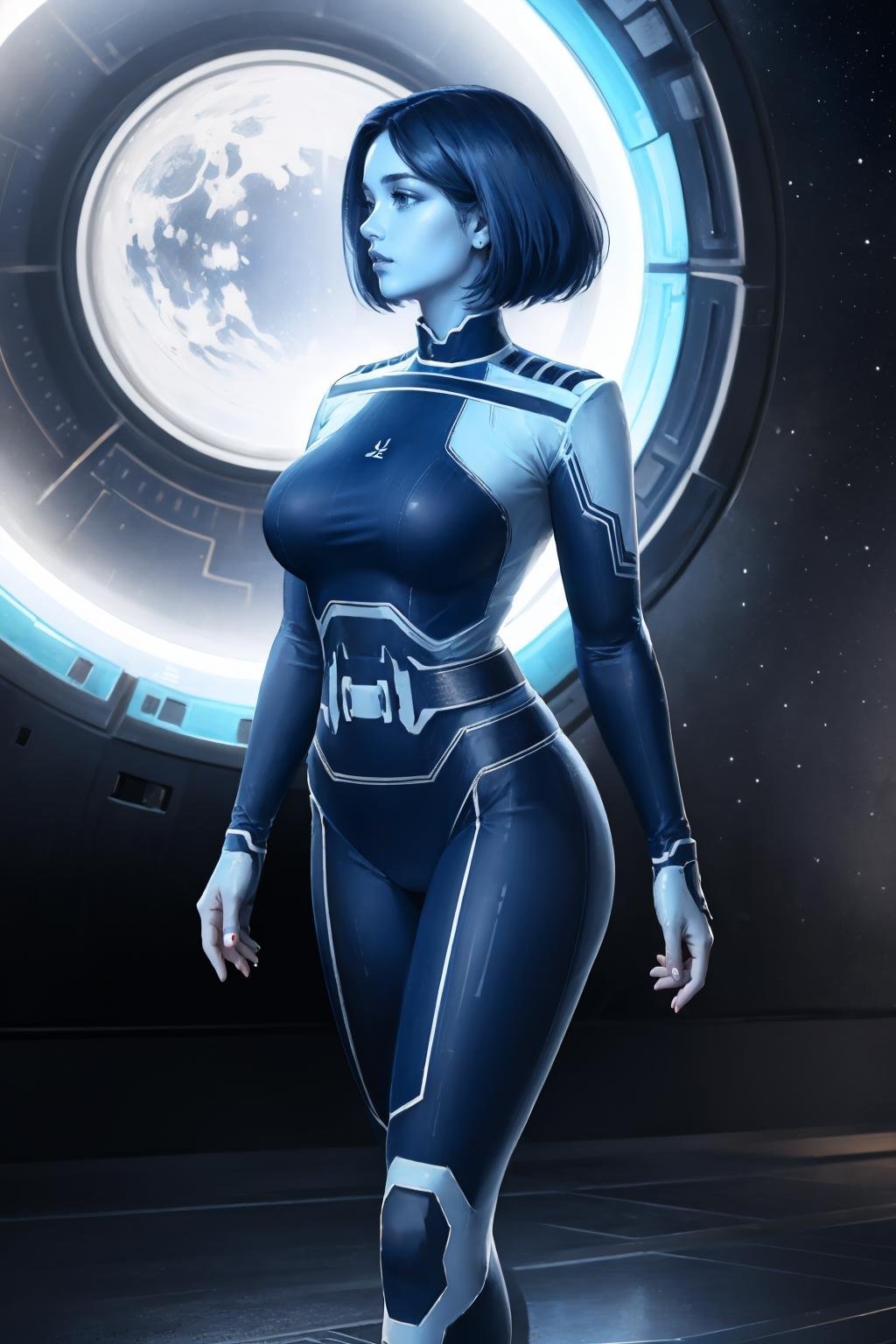 masterpiece, best quality, <lora:theweapon-nvwls-v1-000009:0.9> thewpn, blue skin, blue bodysuit, large breasts, profile, outer space, walking, glowing, illuminated, volumetric lighting