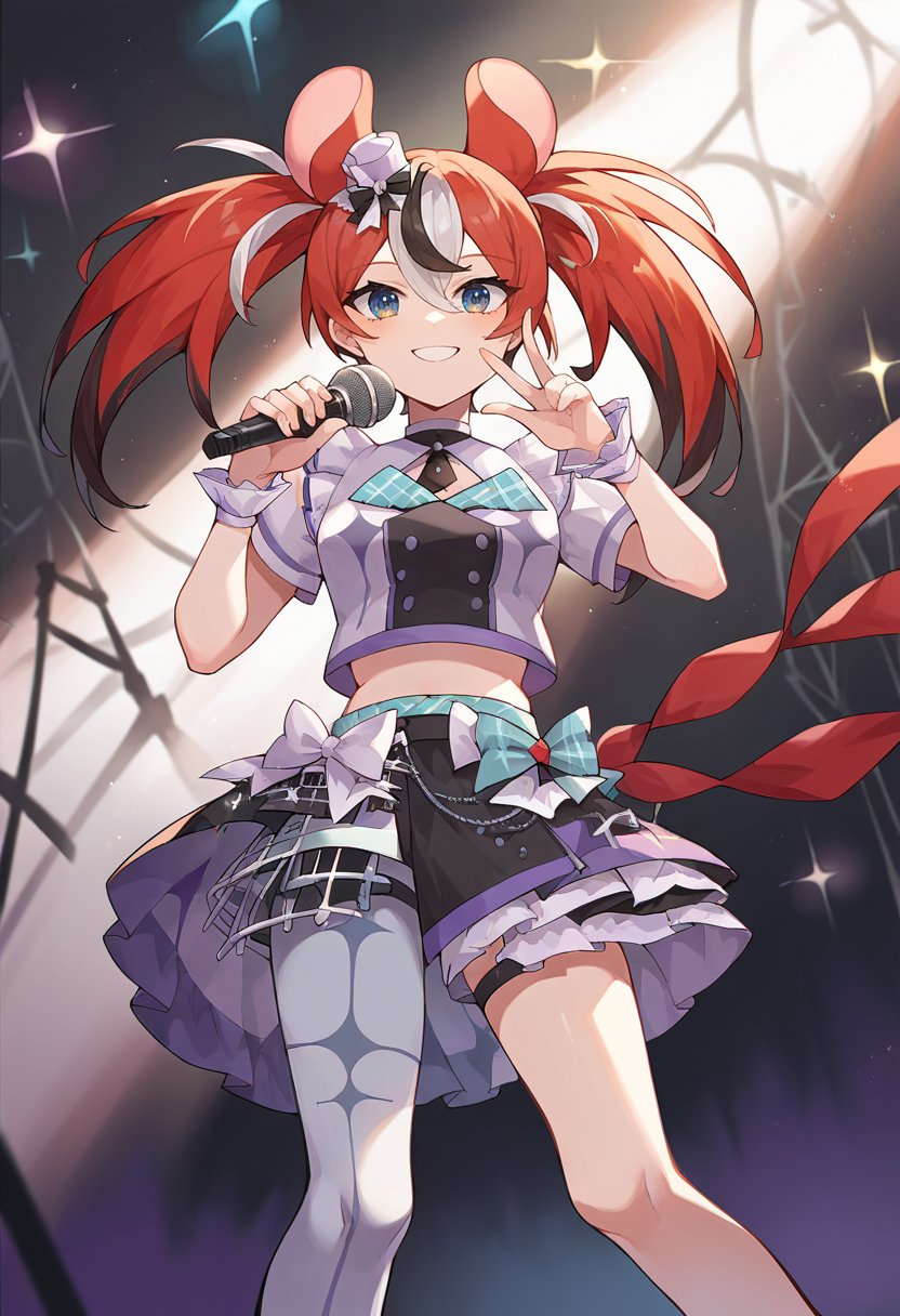 score_9, score_8_up, score_7_up, source_anime, BaelzIdol, twintails, mini hat, hololive idol uniform, bow, layered skirt, single sleeve, wrist cuffs, single thighhigh, on stage, holding microphone, smile, :d, concert, stage lights, <lora:HakosBaelzPDXL-000009:1>