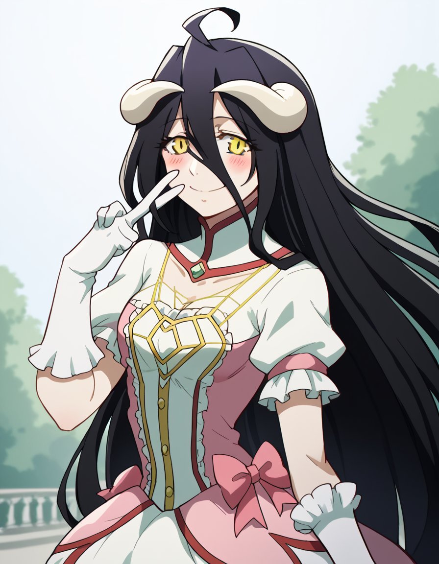 score_9, score_8_up, score_7_up, source_anime, overlordalbedo, <lora:overlord-albedo-s1s2-ponyxl-lora-nochekaiser:1>, albedo, ahoge, black hair, horns, long hair, yellow eyes,, <lora:kaname-madoka-cosplay-ponyxl-lora-nochekaiser:1>, kanamemadokacosplay, kaname madoka \(cosplay\), chest jewel, dress, frilled dress, frills, magical girl, neck ribbon, pink dress, puffy short sleeves, puffy sleeves,, outdoors, streets, smile, blush, v, v over eye,, cowboy shot, dutch angle, solo,