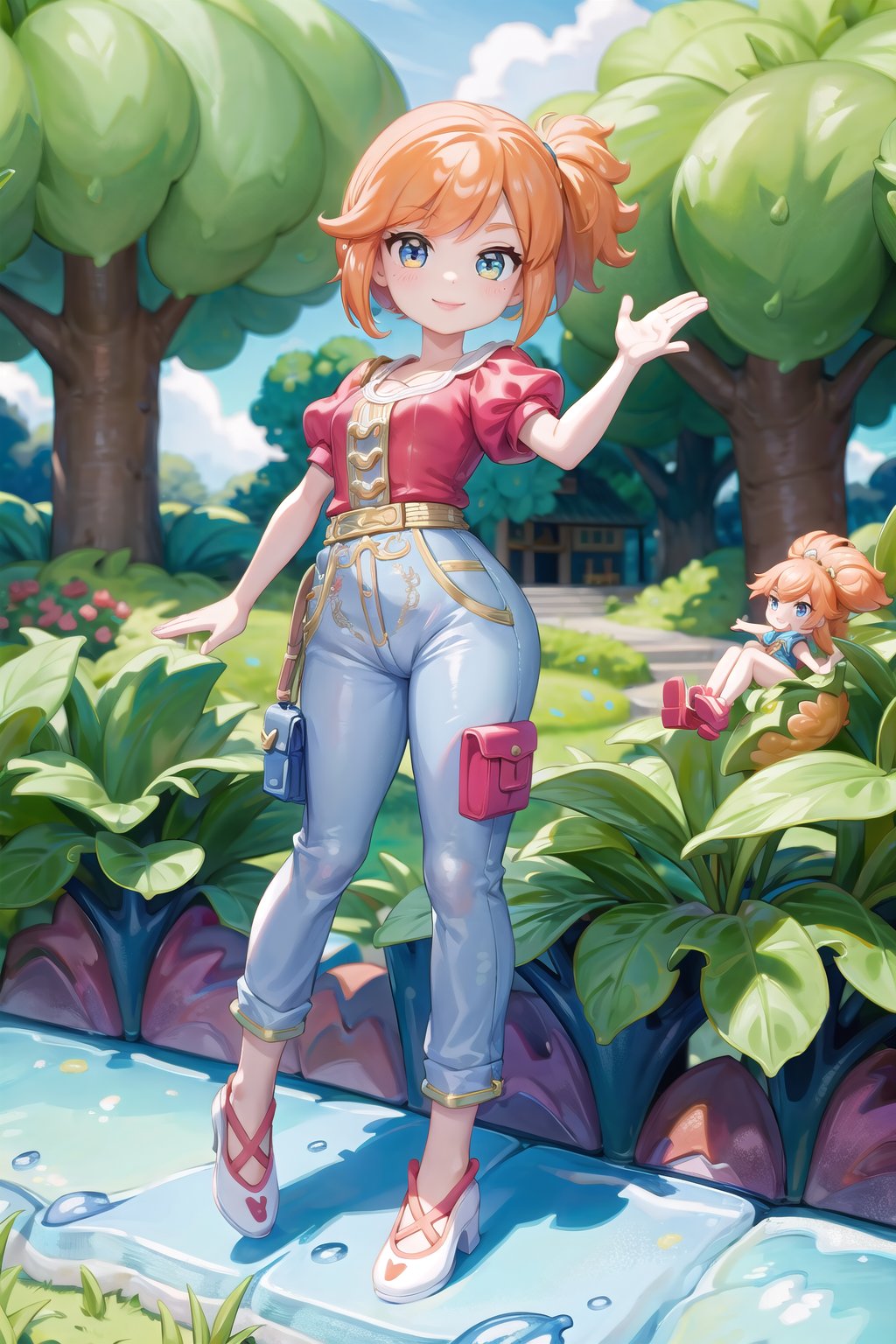 (masterpiece, best quality:1.3), 8k resolution, p0lly, 3d, toy, original, ultra-detailed, official wallpaper, cinematic shot, full body, shoes, contrapposto, hyper-detailed, (hyperrealistic, photoreal:1.1), 1girl, minigirl, polly pocket, wink, red hair, playful, garden, outdoors, sunlight, looking at viewer, smile, rubber, house, (dynamic), stylish, (shiny:1.1) fashion, orange hair, shirt, pants, shoes, (deep depth of field), cute, miniature, depth, glitter, extremely detailed, (intricate details), perfect face, finely detailed face, detailed eyes, volumetric, perfect composition,volumetric lighting, soft lighting,sweetscape,coralinefilm,retro artstyle<lora:EMS-363895-EMS:1.200000>, <lora:EMS-179-EMS:0.300000>, <lora:EMS-30949-EMS:0.200000>