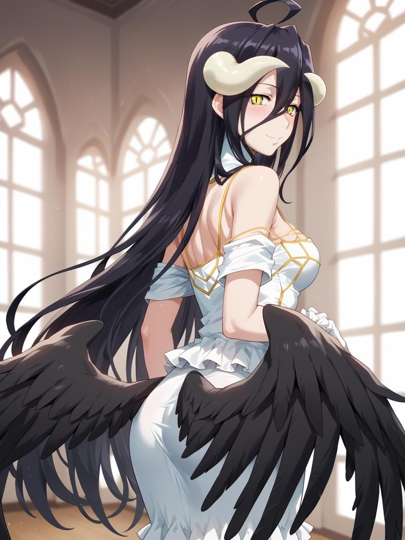 score_9, score_8_up, score_7_up, score_6_up, score_5_up, score_4_up, albedoo, solo, looking at viewer, ahoge, demon_horns, white_dress, frilled_dress, long_dress, black_demon_wings, low_wings, from_behind, standing, indoors, <lora:ALBEDO_V1sdxl:1>