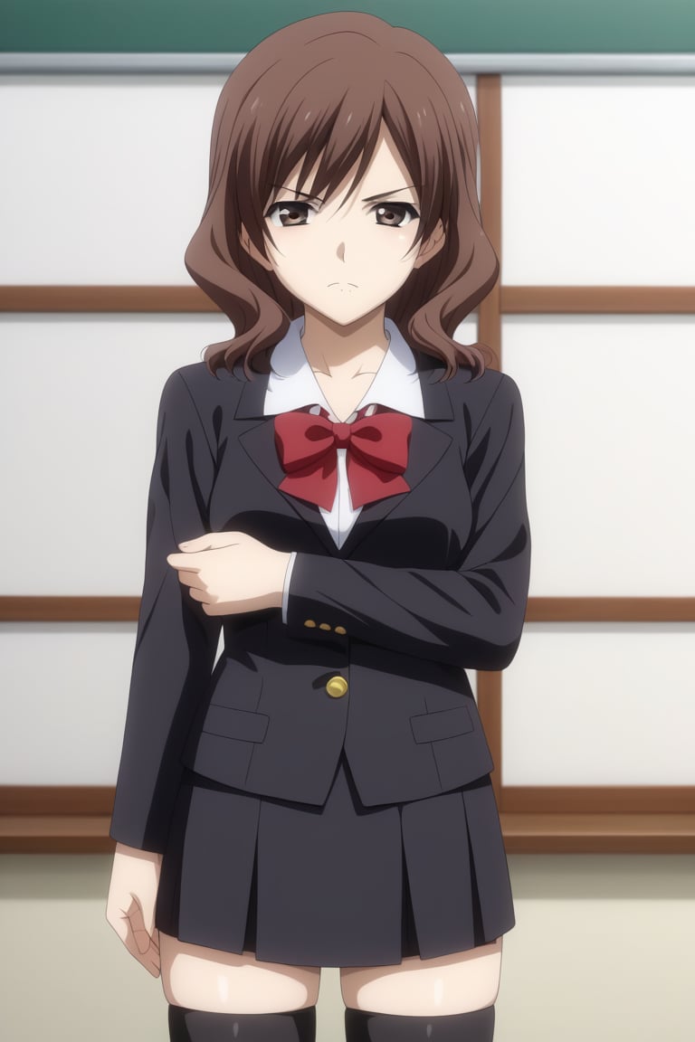 Highly detailed, High Quality, masterpiece, beautiful, 1girl, solo, (young woman, 18 years old), chie ashikaga, brown hair, brown eyes, serious face, medium hair, (medium breasts), (black skirt, thighhighs, school uniform, black thighhighs, zettai ryouiki, bow, red bow), (black jacket:1.2), looking_at_viewer, closed_mouth, from front, (focus side), upper_body<lora:EMS-413568-EMS:1.000000>