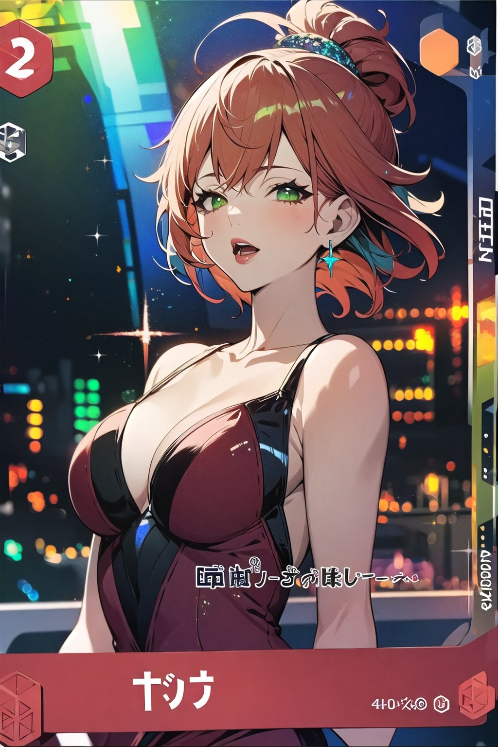 (Masterpiece, best quality:1.4), insaneres, top quality, 8k resolution, centered, card_(/medium), holofoil, diffraction, border, 1girl, (shiny:1.3), beautiful, mature female, fire, lipstick, seductive post, plunging neckline, red dress, orange hair, open mouth, charging, looking at viewer, (stats:1.3), numbered, kanji, japanese text, motion blur, bokeh, deep depth of field, volumetric lighting, (shimmer,glitter:1.3), traditional media, colorful, vivid, card, outside border, border, reflective surface, green eyes, elegant, sultry, half-closed eyes, <lora:HOLOFOIL-20:1.2>