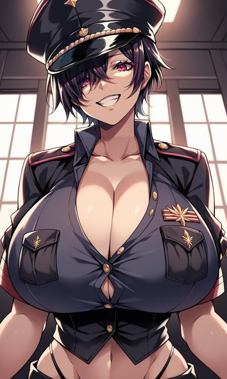 score_9, score_8_up, score_7_up, score_6_up, score_5_up, score_4_up, (source_anime),   <lora:[GP] Hz style [Pony XL]:0.7>1girl, huge breasts, looking at viewer, smile, fang, black clothes, short hair, shirt, midriff, skirt, thong, black hair, gloves, hat, cleavage, hair between eyes, collarbone,  black gloves, pink eyes, grin, uniform, black shirt, black headwear, peaked cap, pocket, military hat, breast pocket, partially unbuttoned, hat tip, hat over one eye, indoors, military, military base, upper body, purple theme, 