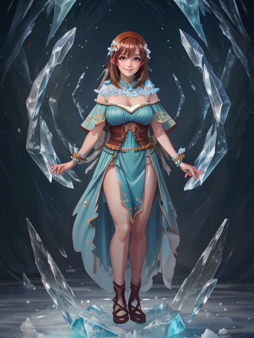 best quality, masterpiece, highres, detailed, digital artwork, <lora:Tools - add_detail:0.2>, IceElementCh, ice, blue theme, ice body:3,  <lyco:Change - IceElementCh:0.8>, Mite, brown hair, orange eyes, pink hair ornament,  <lora:Character - Mite:0.7>, smile, shy, 