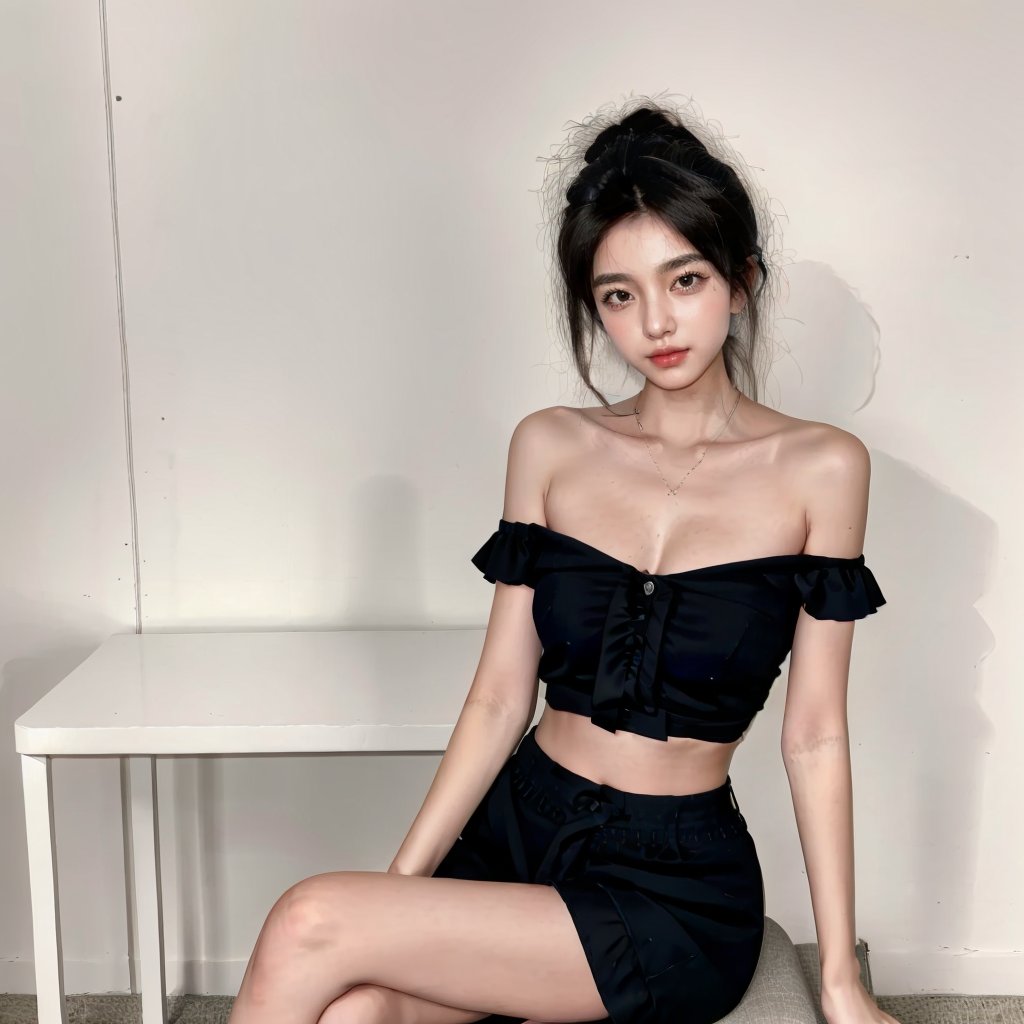 1girl,glamor,fair_skin,pony-tail,collarbone,cleavage,bare shoulders,navel,long legs,frilled_dress,crossed legs,sitting on desk,looking at viewer,<lora:亚洲脸:0.8>,