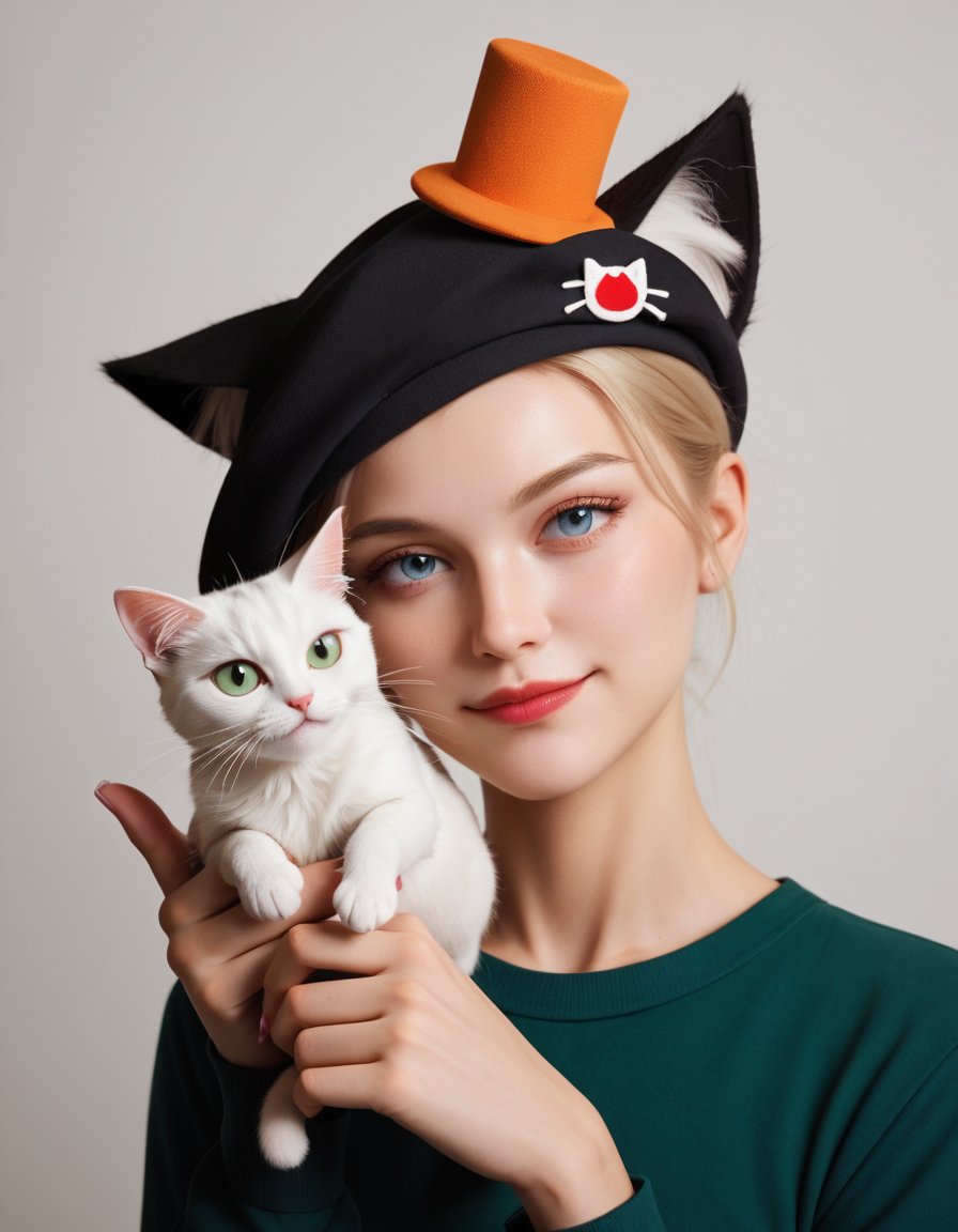 score_9,score_8_up,score_7_up,young woman,cat shaped hat,holding a cat,cat wears hat,cat eyes are gate to another dimension,swirling colors from eyes,hallucination,lsd trip,