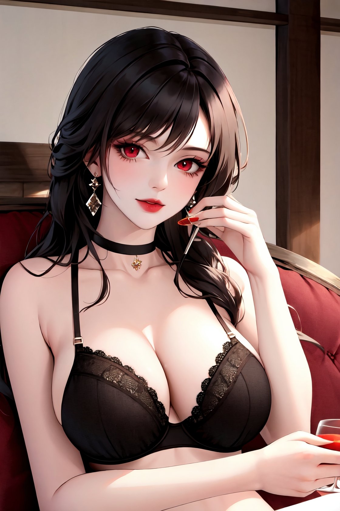 1girl, solo, long hair, looking at viewer, large breasts, black hair, red eyes, navel, bare shoulders, jewelry, sitting, underwear, collarbone, earrings, choker, stomach, bra, cup, lingerie, black bra, lace trim, couch, holding cup, alcohol, drinking glass, wooden floor, lace bra, tifa lockhart,(masterpiece:1.5),(best quality:1.2), <lora:fashigirl-v7-lokr-7ep:0.8>