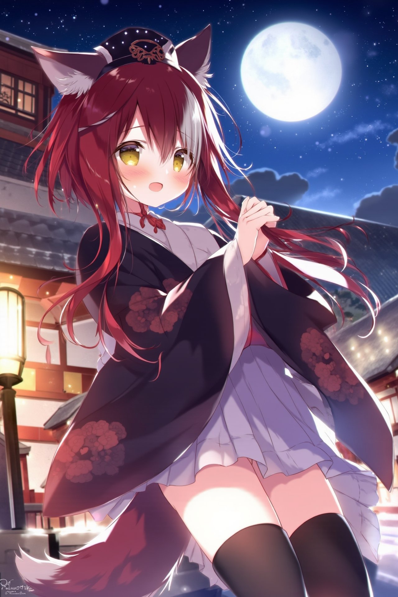 <lora:flux-shiratama-R2:1>,A high-quality masterpiece featuring the artist Torino Aqua, depicting a virtual YouTuber with animal ears, specifically Ookami Mio, wearing a black and multicolored hair style with a long tail. The scene is set under a full moon, with a red-haired figure wearing a mask and streaked hair, adorned in Japanese clothing like a kimono. The character, a wolf girl with yellow eyes, is looking directly at the viewer, wearing thigh-highs, and standing outdoors amidst East Asian architecture with a bell tower. The background shows the night sky and a building with floral print, highlighting the fluff on the animal ears and tabi footwear. The scene captures the beauty of the architecture, with the wolf girl's hair between her eyes and an open mouth, suggesting a howl or expression of joy.