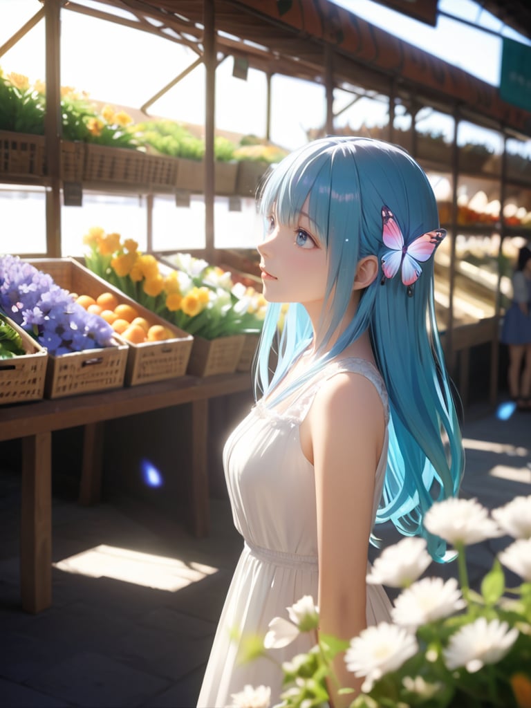 wide shot,(depth of field),global illumination,soft shadows,grand scene,backlight,lens flare,((colorful refraction)),((cinematic lighting)),in the market,looking outside,with butterfly,1girl with lightblue long hair and blue aqua eyes,hair flowers,hime cut,sunlight,blurry background,blurry,White Dress,full of flowers,light bule butterfly, from side,floating hair