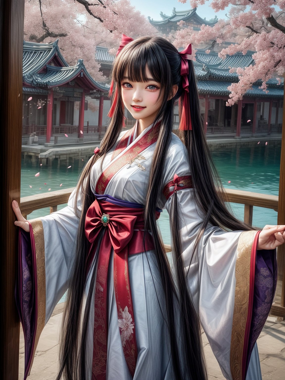 best quality, masterpiece, highres, detailed face, detailed eyes,ultra details, (cowboy shot:1.2), facing viewer, outdoors, chinese architecture, peach tree, falling petals,1girl, suqingli, solo, black hair, long hair, low twintails, blunt bangs, parted lips, smile,hanfu, hair ribbon, grey wide sleeves, gauntlets, purple bow,